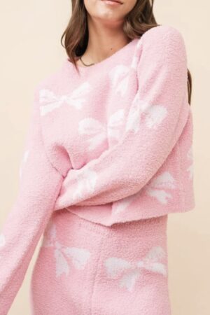 Blush Pink Bow-Knit Cozy Sweater