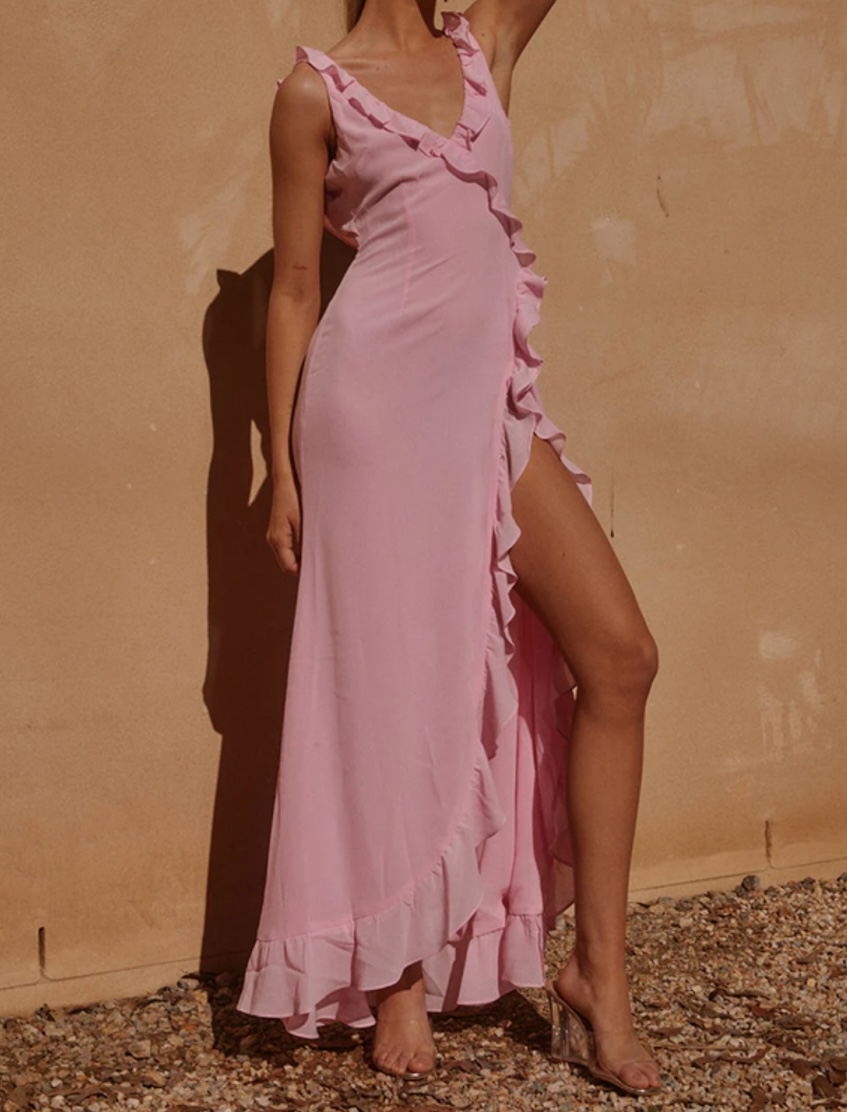 Hot Pink Ruffle High-Slit Maxi