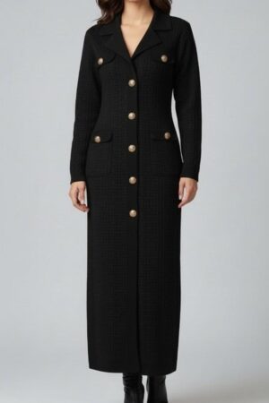 Noir Gold-Button Knit Maxi Coat Dress