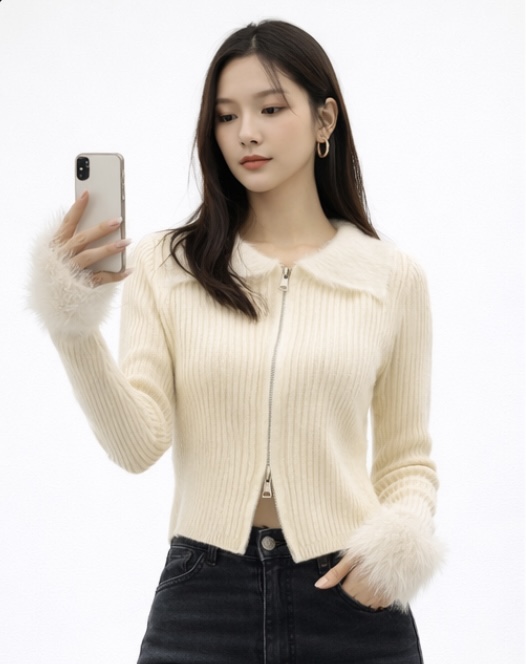 Ivory Fur Trim Knit Jacket - Image 3