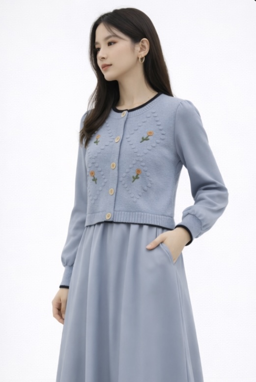 Mynway Powder Blue Embroidered Knit Midi Dress - Image 3