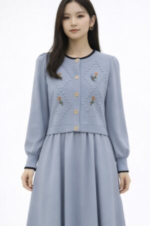 Mynway Powder Blue Embroidered Knit Midi Dress