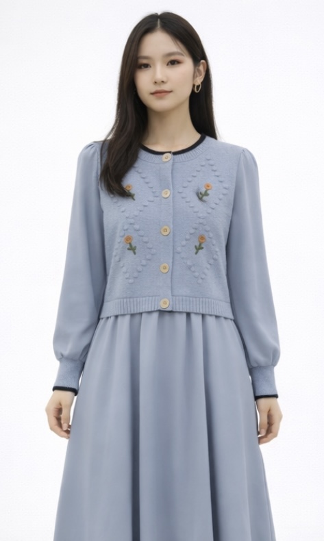 Mynway Powder Blue Embroidered Knit Midi Dress