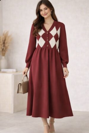 Mynway Wine Argyle Knit Midi Dress
