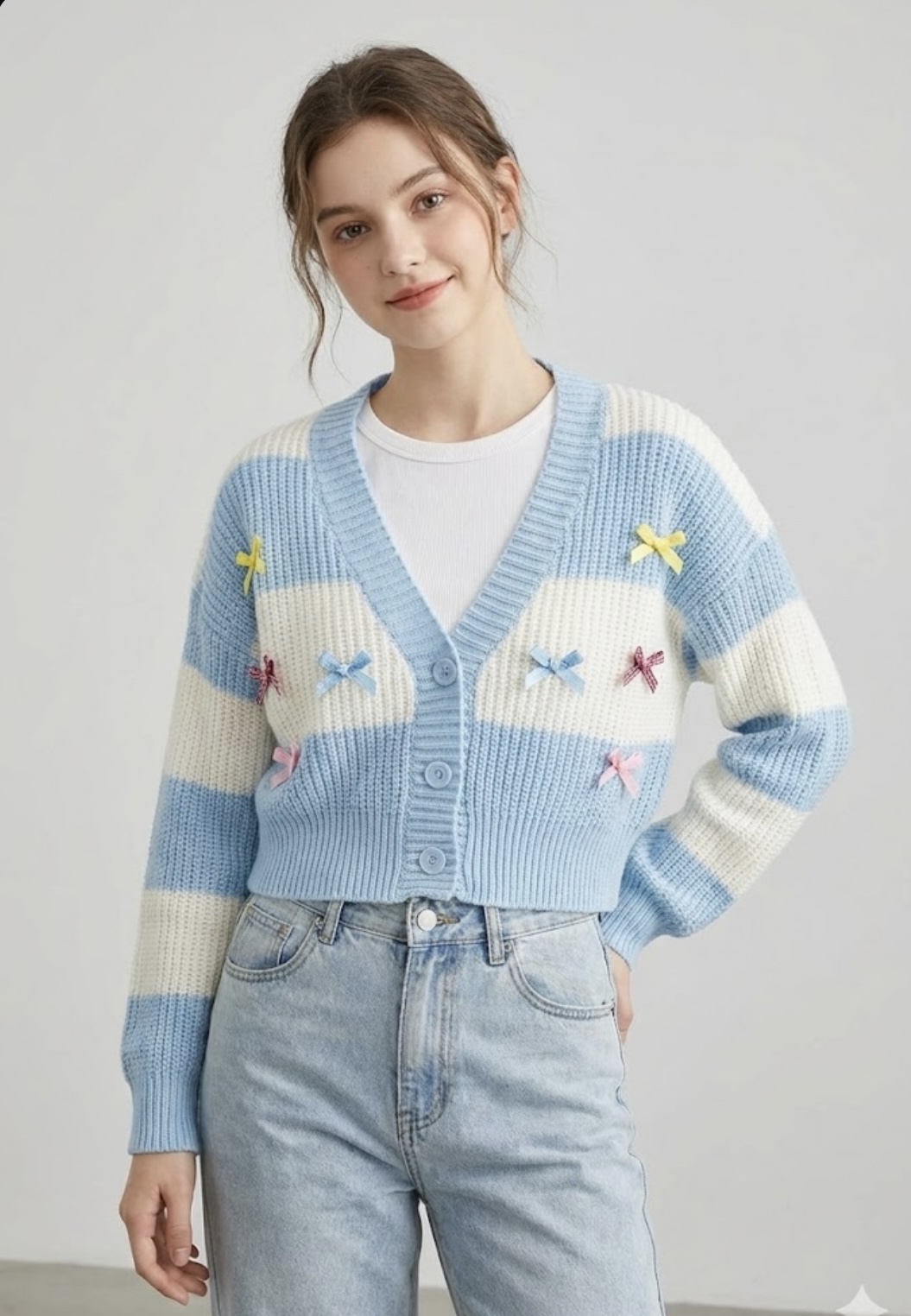 Azure Bow Stripe Knit Cardigan