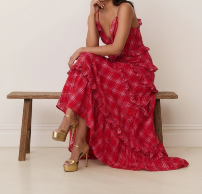 ✨ Crimson Ruffle Tartan Maxi Dress - Image 3