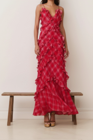 ✨ Crimson Ruffle Tartan Maxi Dress