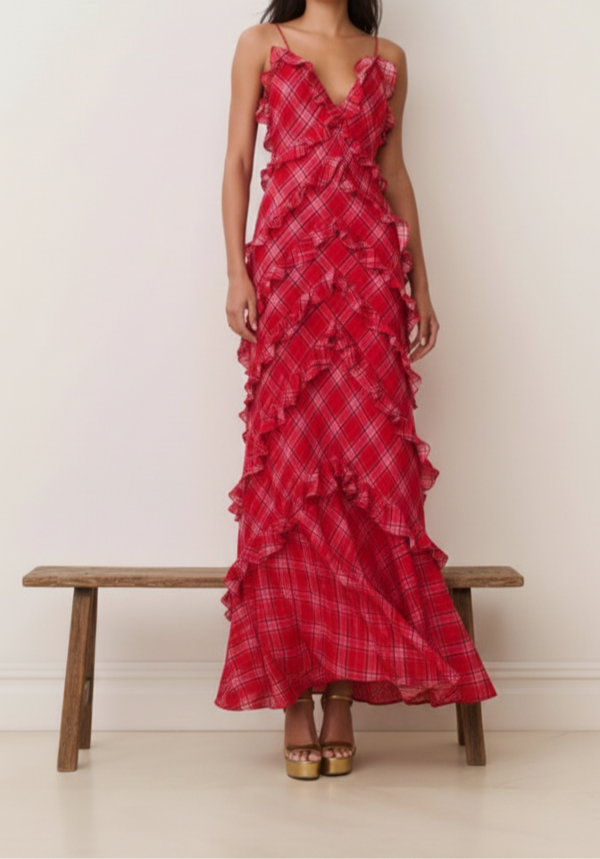 ✨ Crimson Ruffle Tartan Maxi Dress