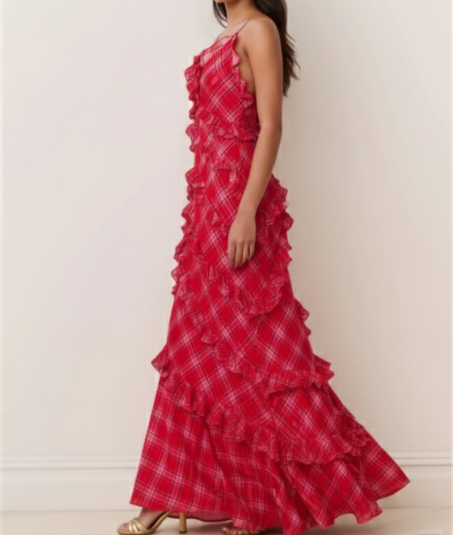 ✨ Crimson Ruffle Tartan Maxi Dress - Image 2
