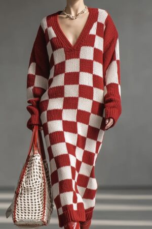 Rust Checkered Knit Maxi Dress