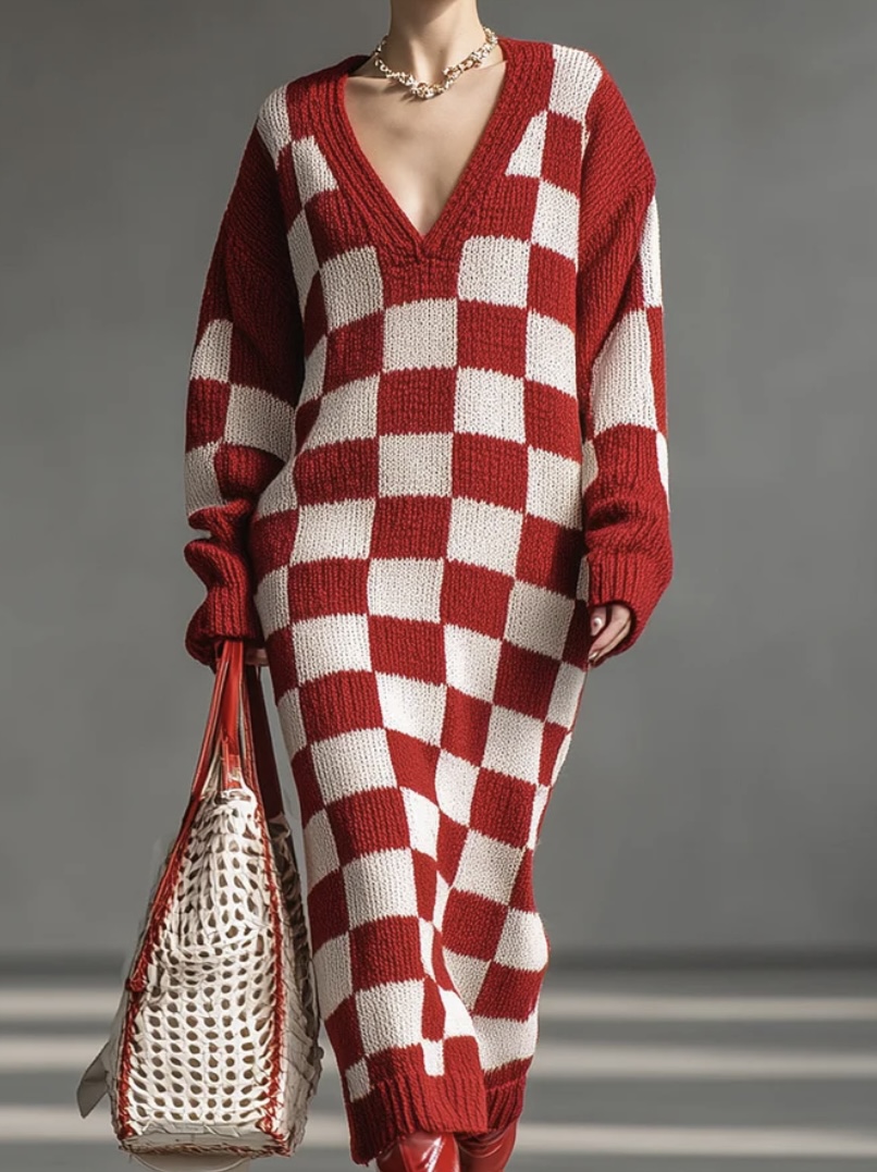 Rust Checkered Knit Maxi Dress