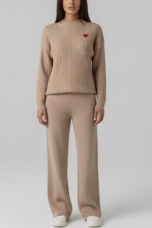 Beige Heartline Rib Knit Co-Ord Set