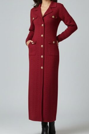 Regal Gold-Button Knit Maxi Coat Dress