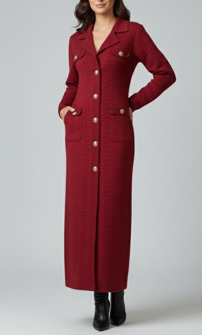 Regal Gold-Button Knit Maxi Coat Dress