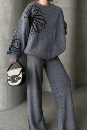 Grey Floral Sculpt Knit Co-Ord Set