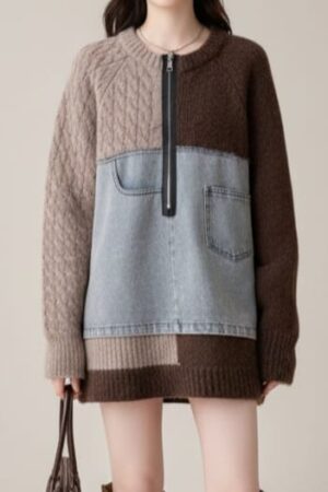 Mynway Mocha Patchwork Knit Dress