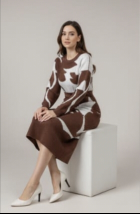 Abstract Mocha Knit Midi Dress